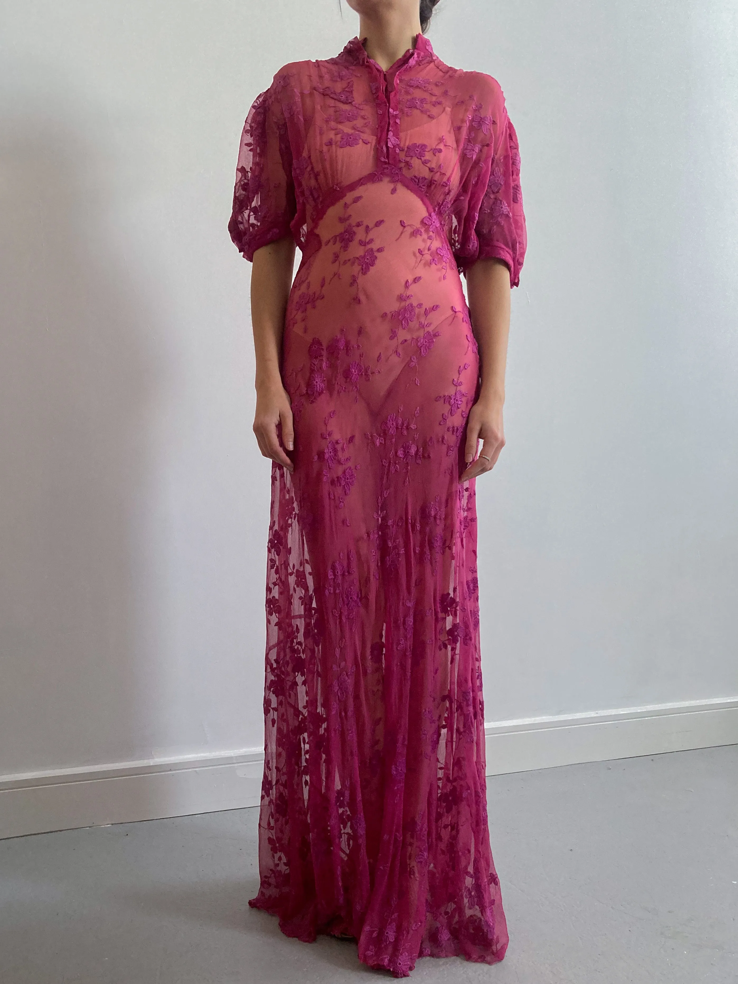 1930s Raspberry Floral Net Lace Chiffon Gown with Puff Sleeves
