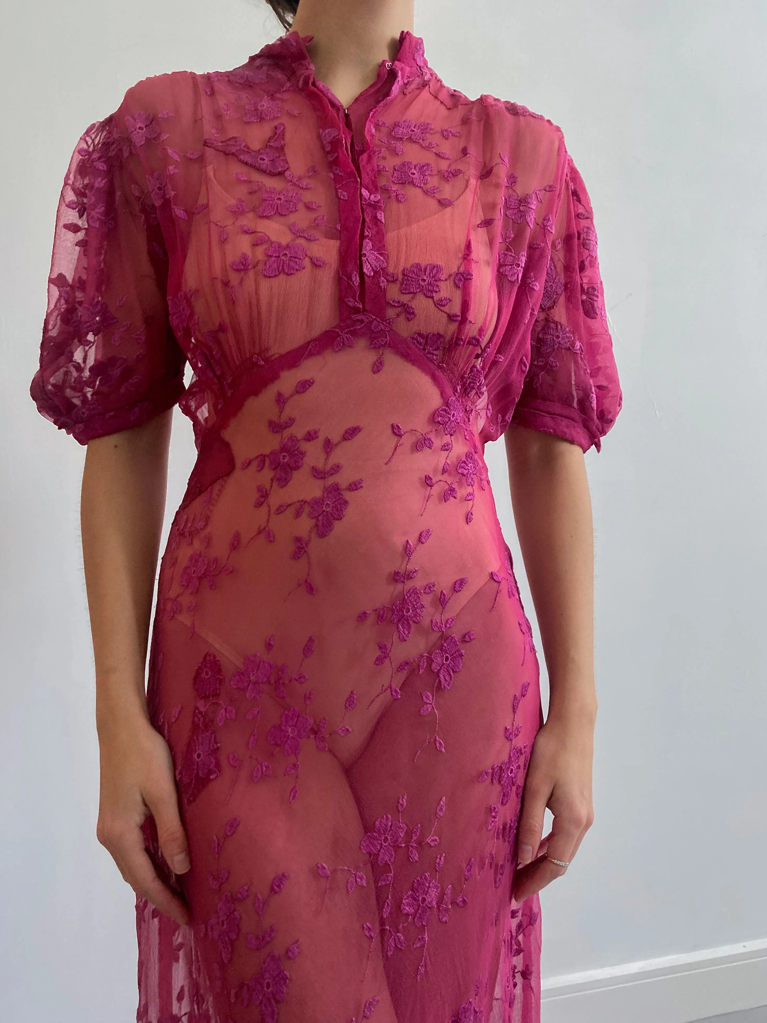 1930s Raspberry Floral Net Lace Chiffon Gown with Puff Sleeves