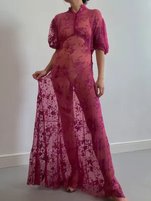 1930s Raspberry Floral Net Lace Chiffon Gown with Puff Sleeves