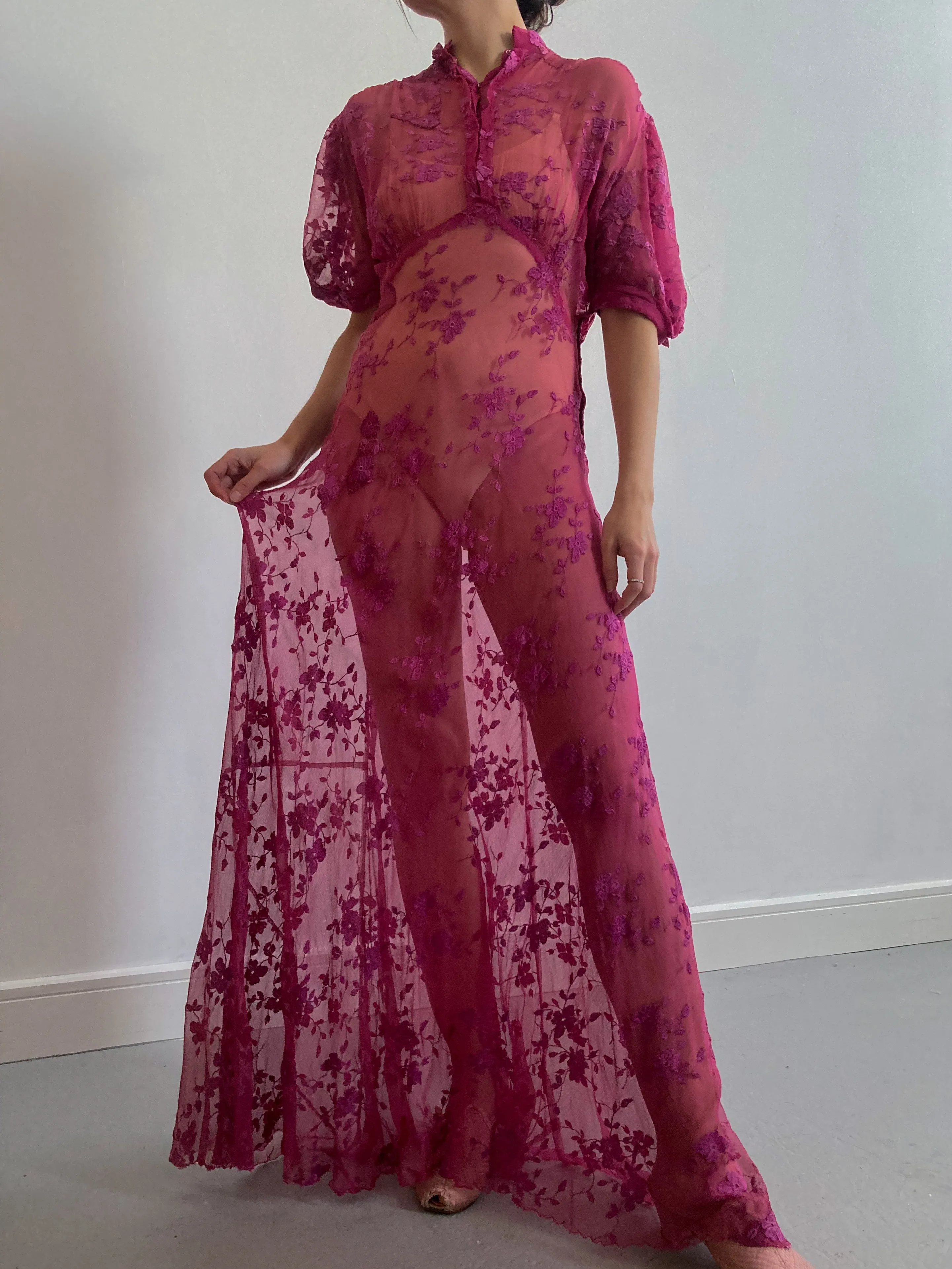 1930s Raspberry Floral Net Lace Chiffon Gown with Puff Sleeves