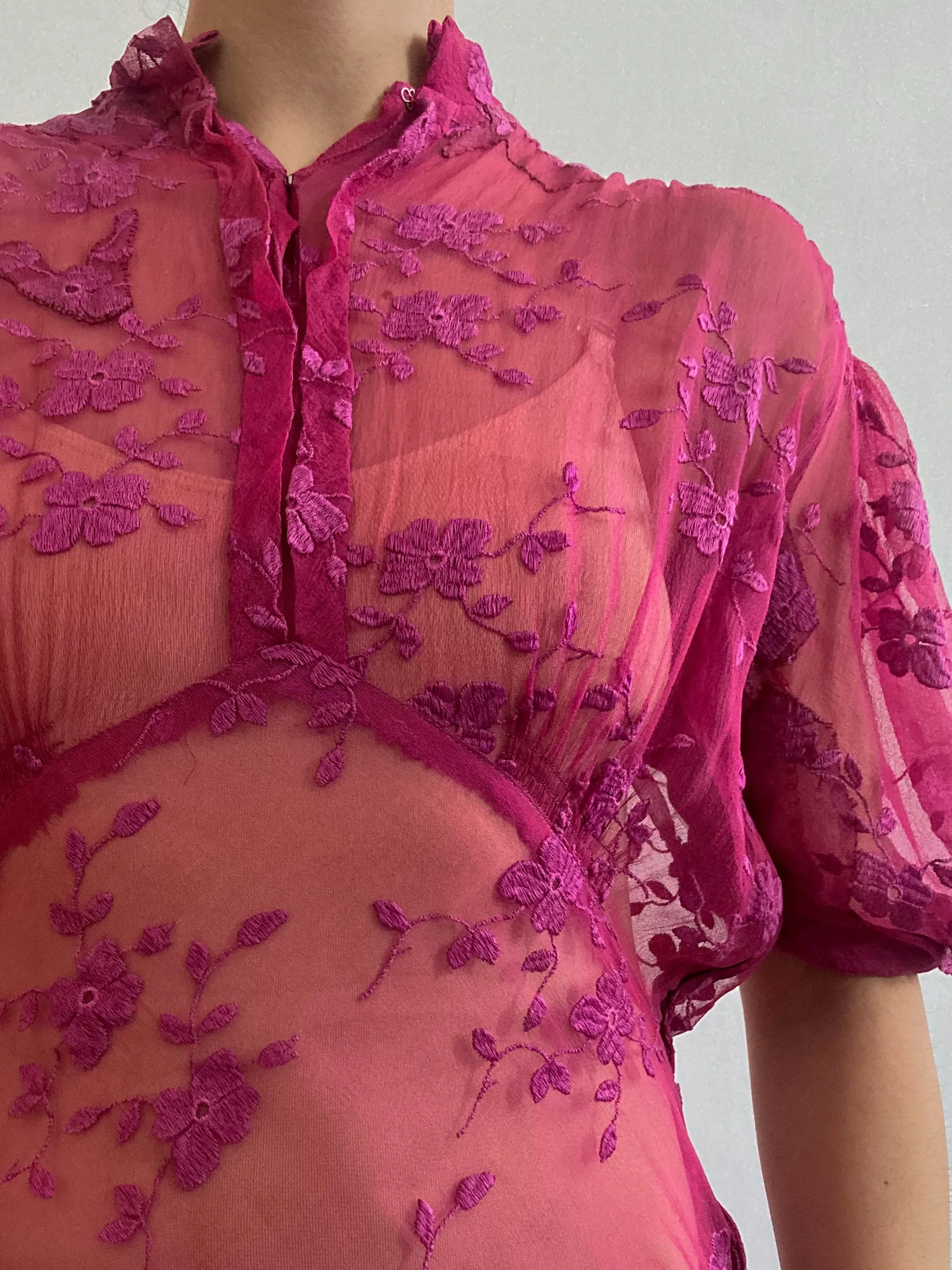 1930s Raspberry Floral Net Lace Chiffon Gown with Puff Sleeves