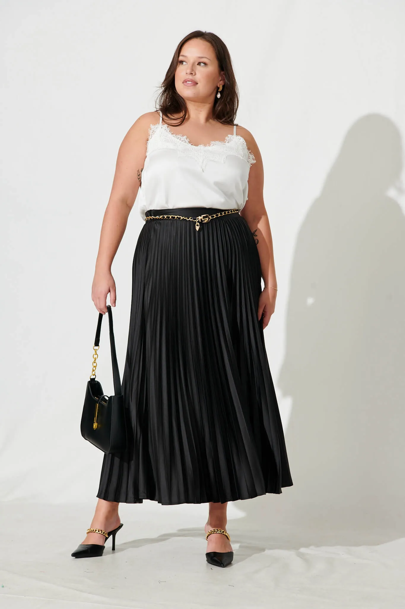 Allison Midi Pleat Skirt In Black Satin
