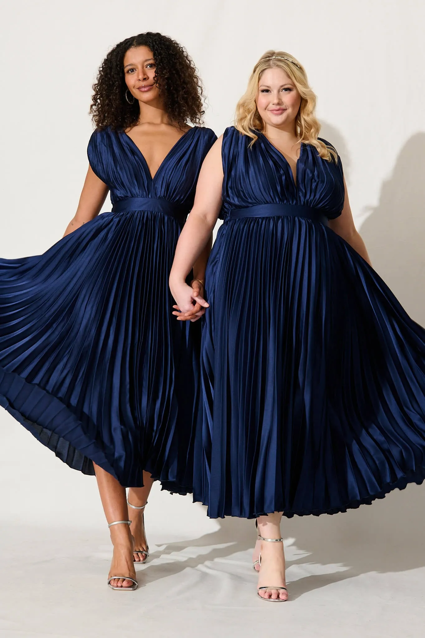 Anette Midi Dress In Pleated Navy Satin