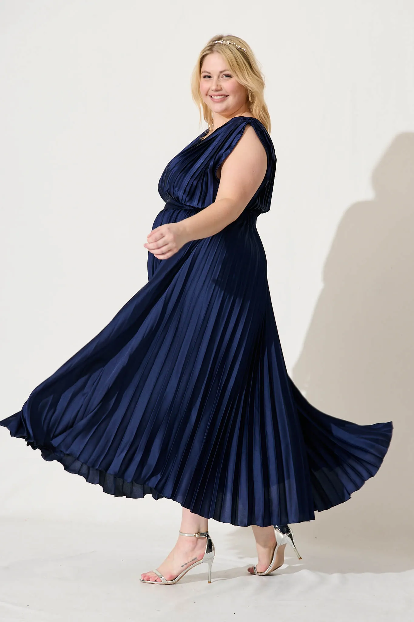 Anette Midi Dress In Pleated Navy Satin