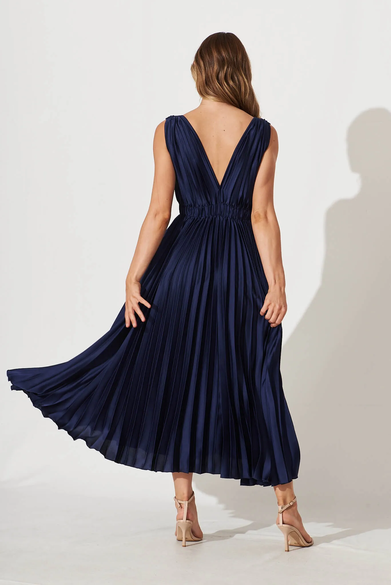 Anette Midi Dress In Pleated Navy Satin