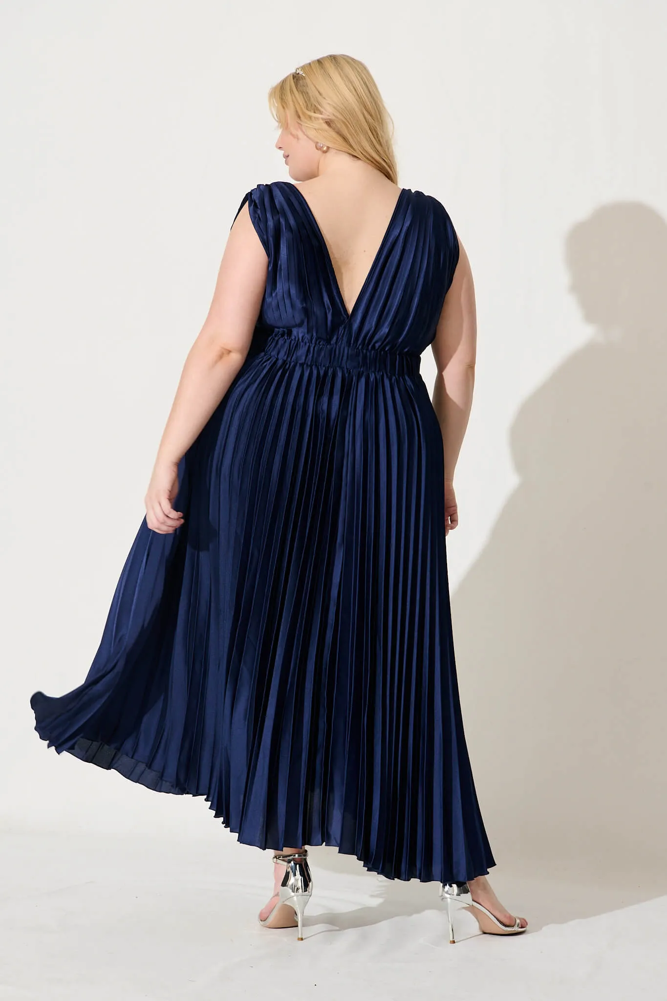 Anette Midi Dress In Pleated Navy Satin