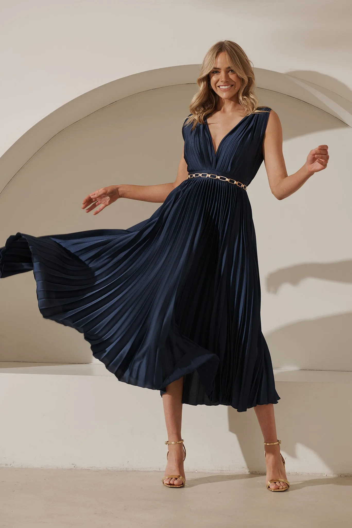 Anette Midi Dress In Pleated Navy Satin