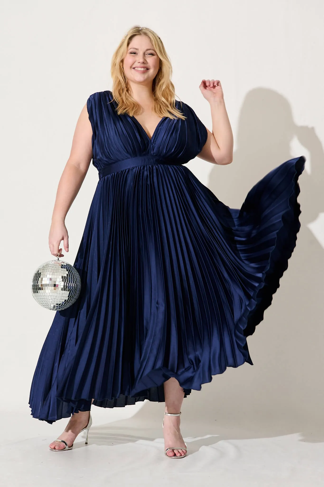 Anette Midi Dress In Pleated Navy Satin
