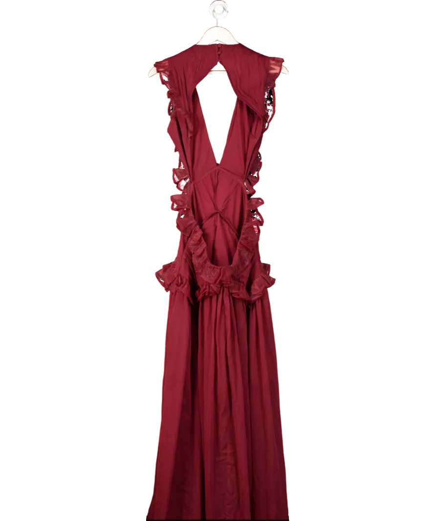 ASOS  Luxe Plunge Maxi Dress With Ruched Chiffon Detail & Open Back In Burgundy UK 14