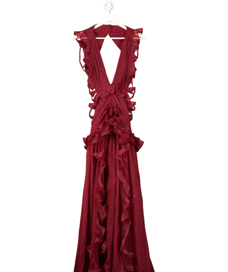 ASOS  Luxe Plunge Maxi Dress With Ruched Chiffon Detail & Open Back In Burgundy UK 14