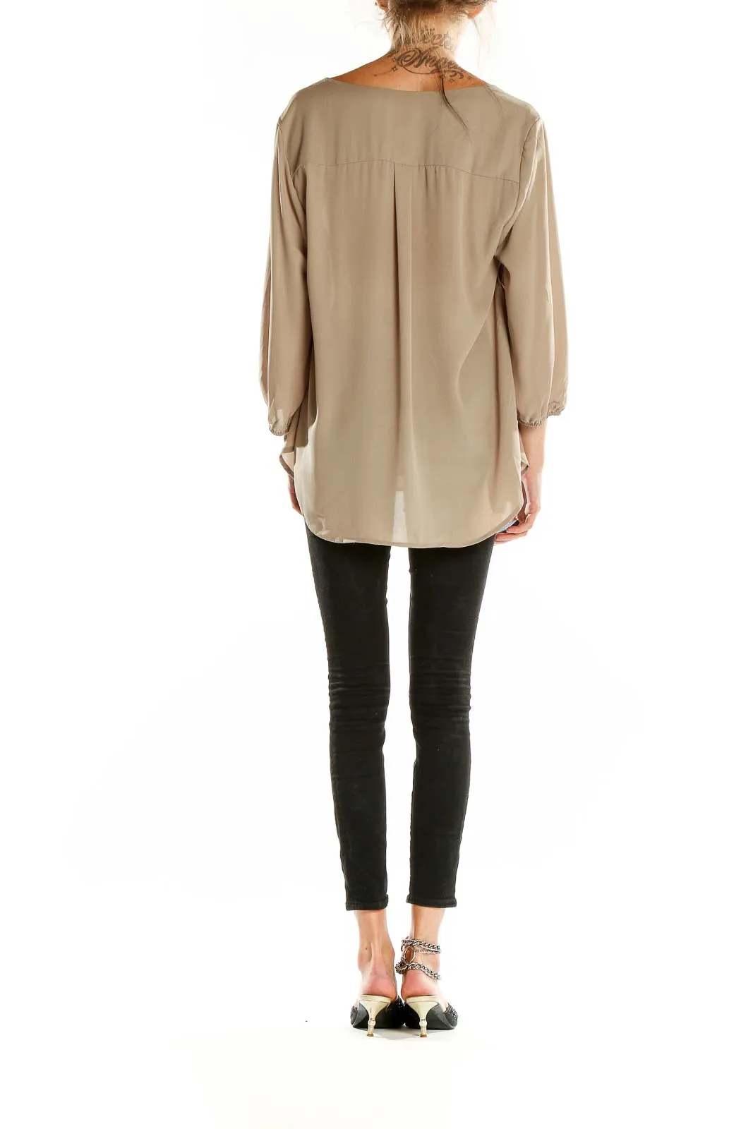 Beige Flowy V-Neck Blouse