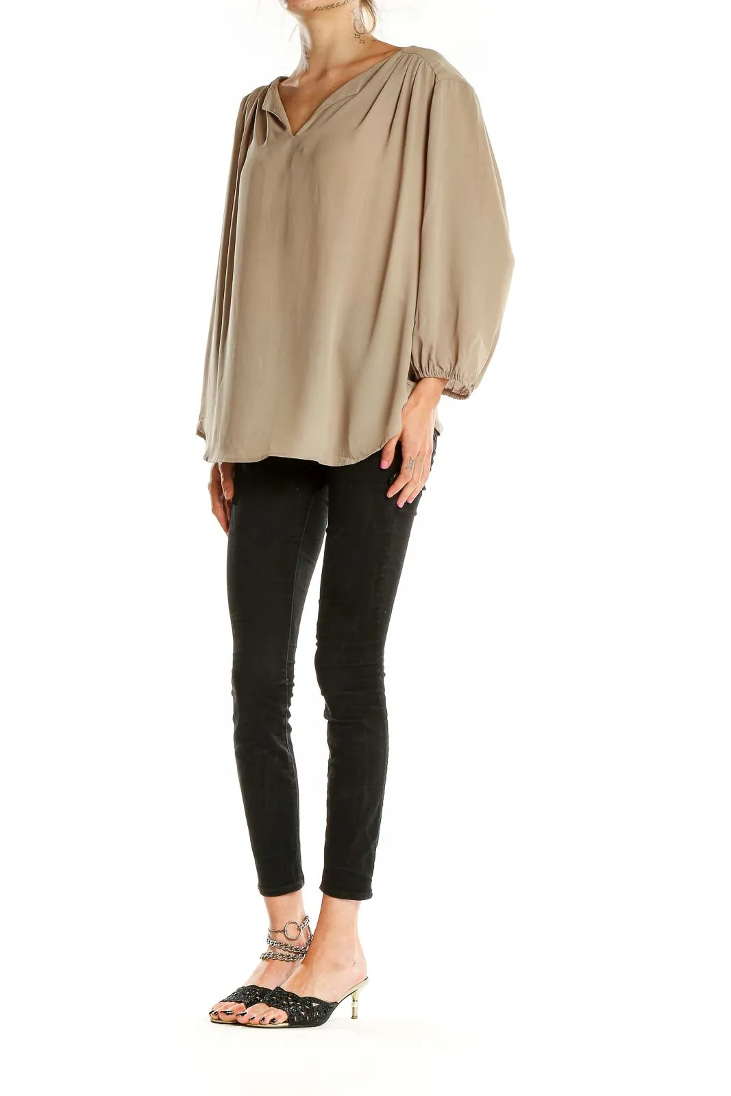 Beige Flowy V-Neck Blouse