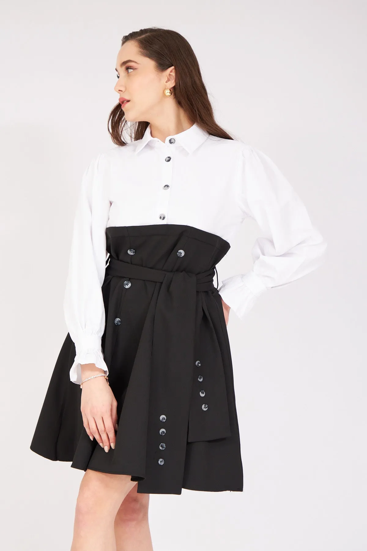 Belted Pleated Shirt Detail Dress