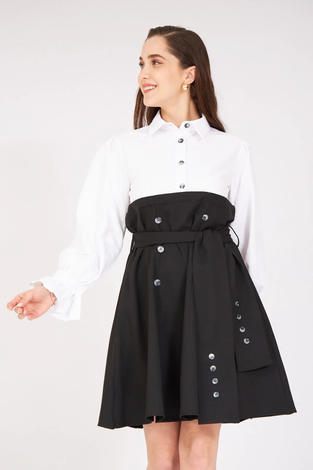 Belted Pleated Shirt Detail Dress