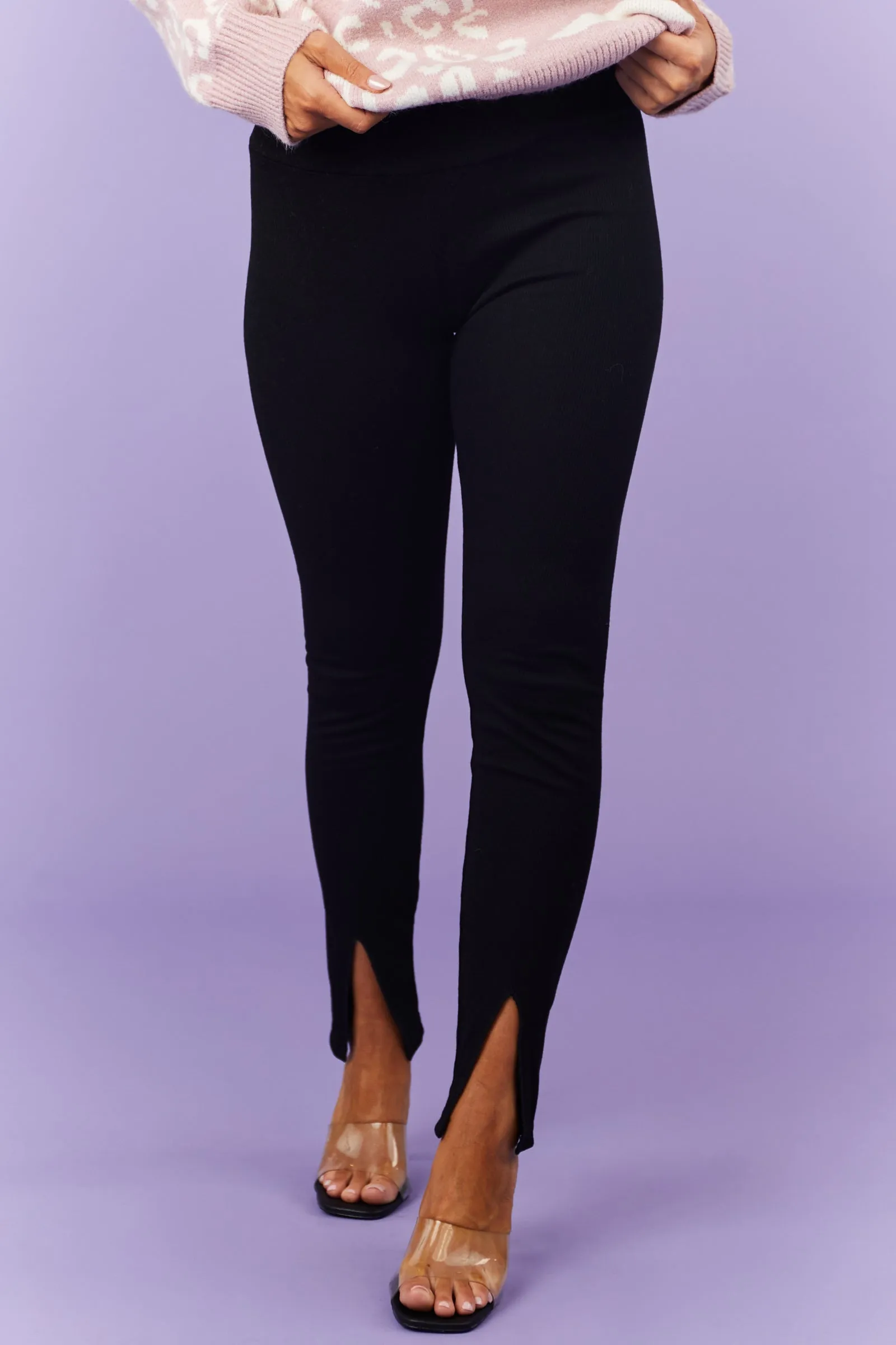 Black Knit High Waisted Side Slit Leggings