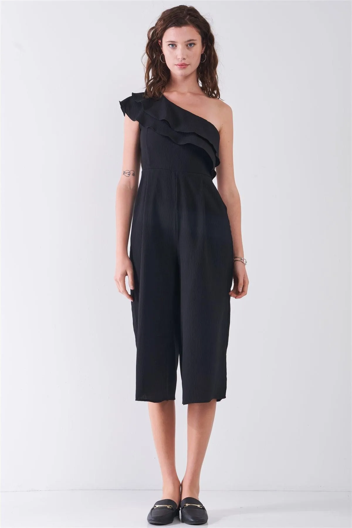 Black One-Shoulder Ruffle Wide Leg Midi Jumpsuit