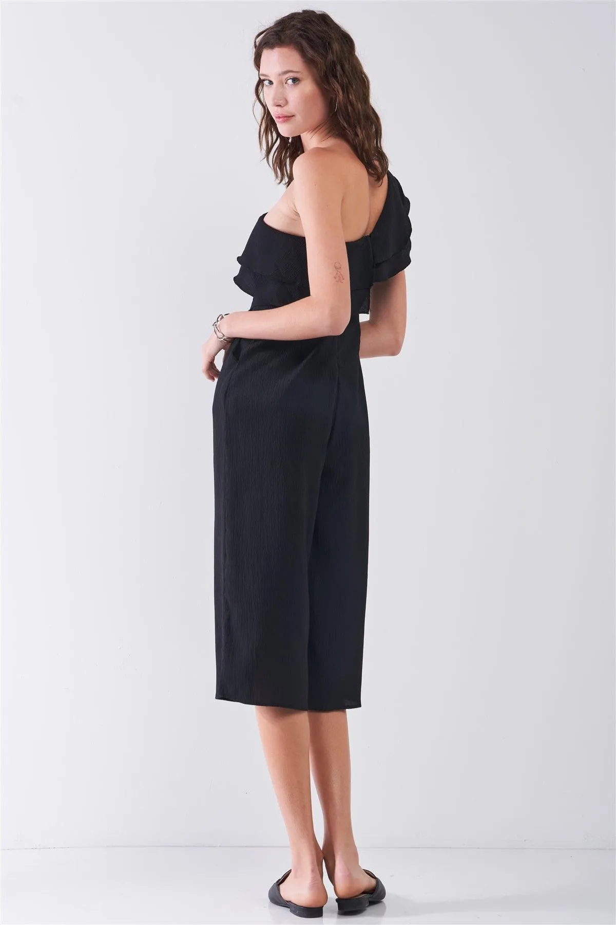 Black One-Shoulder Ruffle Wide Leg Midi Jumpsuit