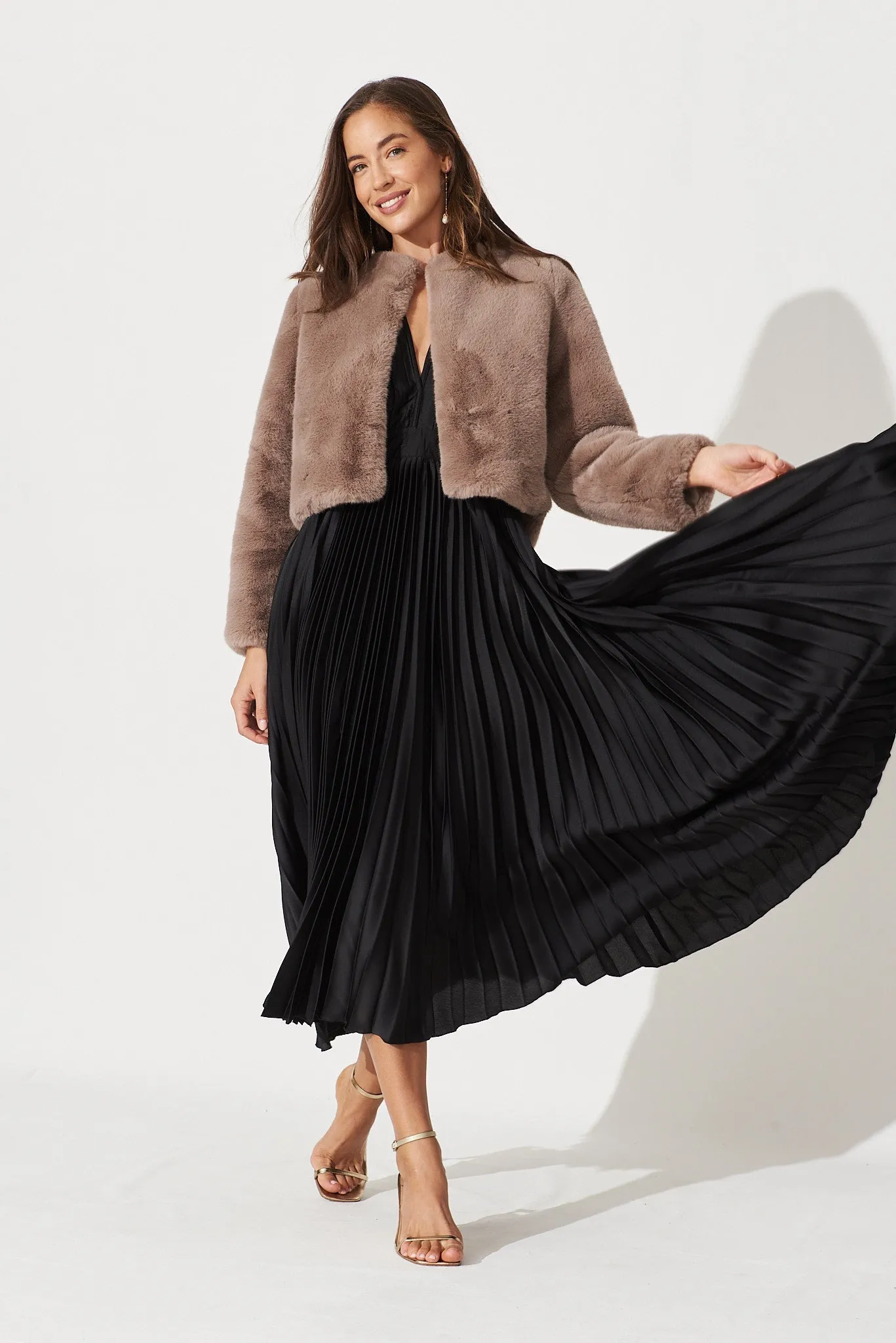 Black Satin Pleated Midi Dress - Anetta