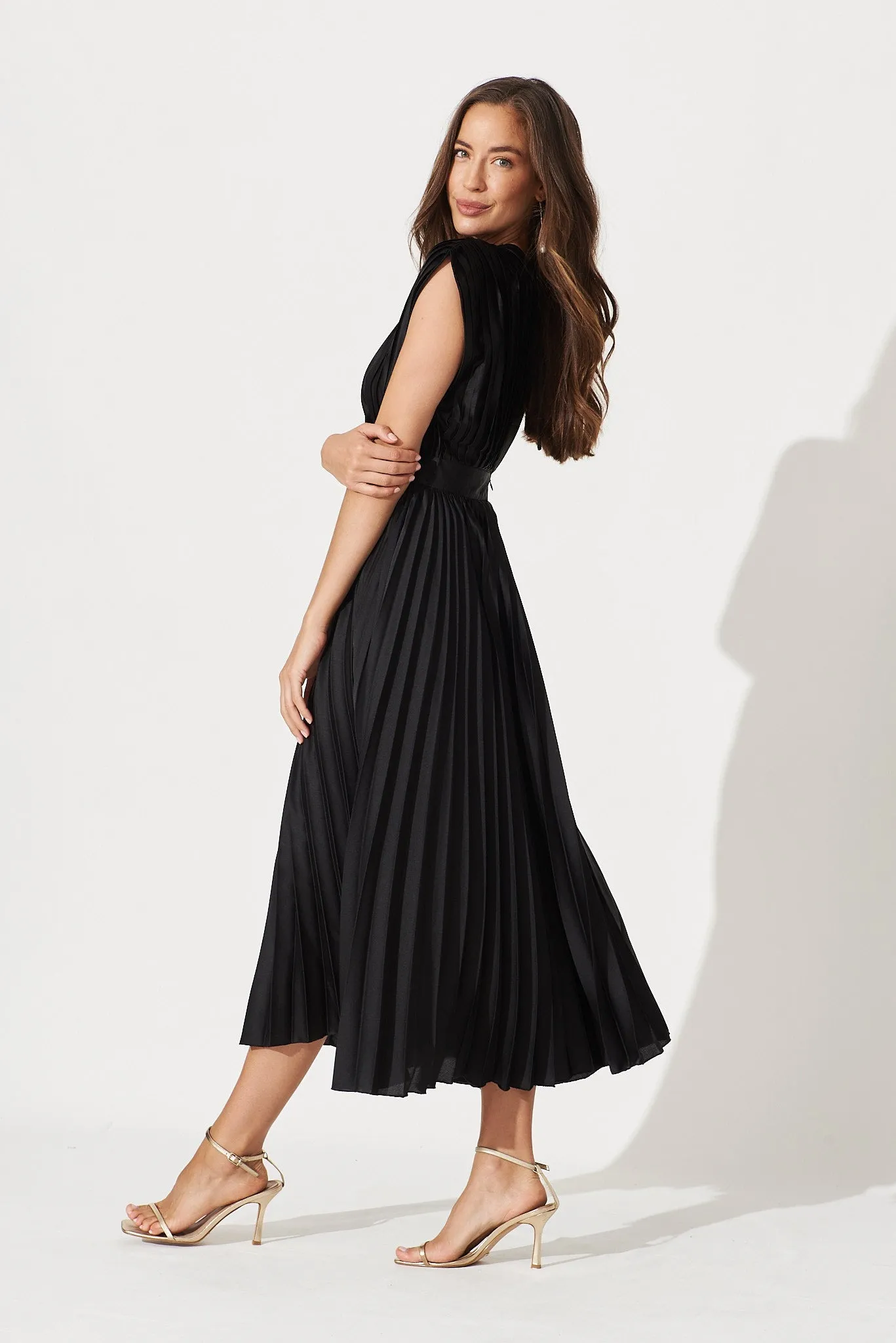 Black Satin Pleated Midi Dress - Anetta