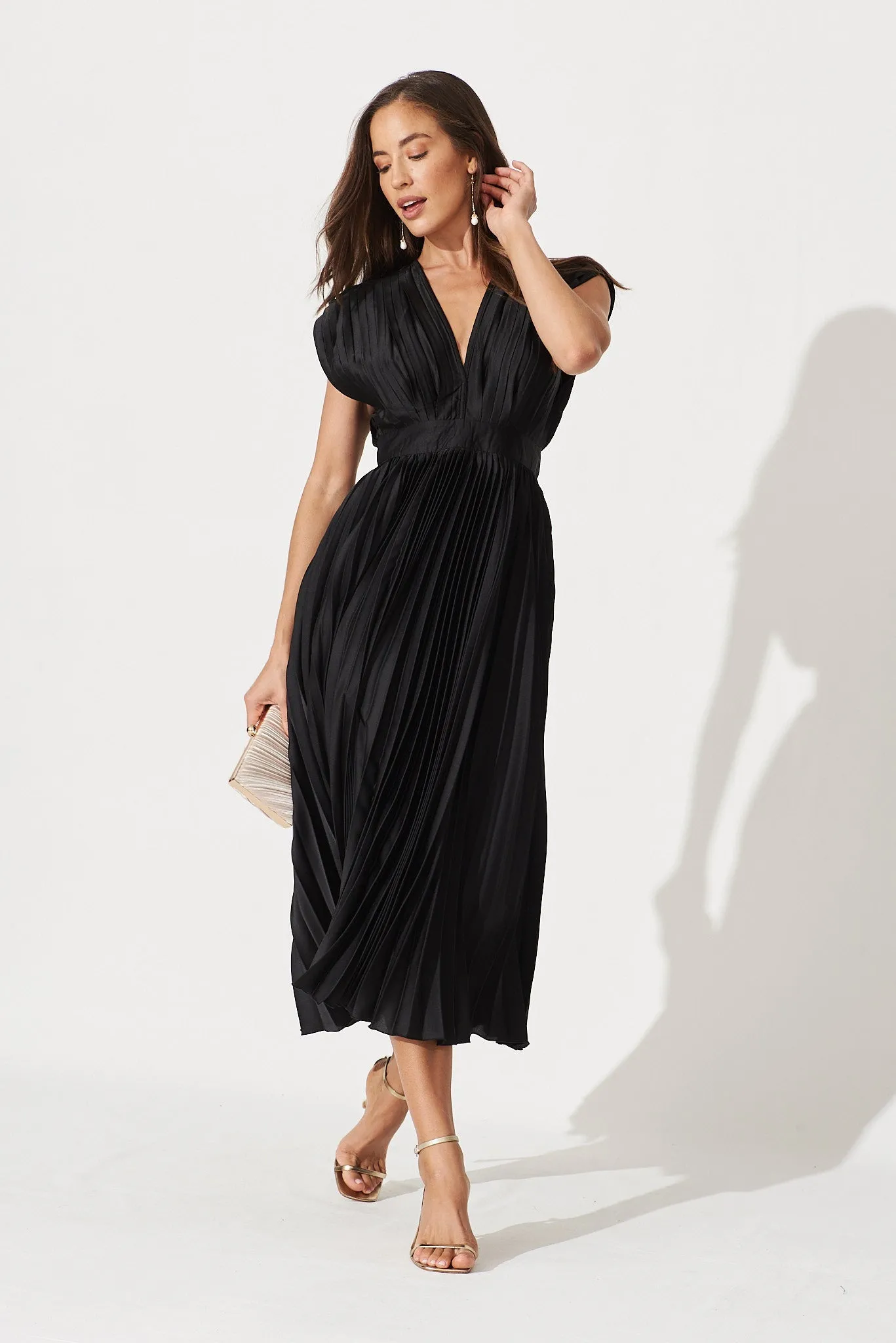 Black Satin Pleated Midi Dress - Anetta