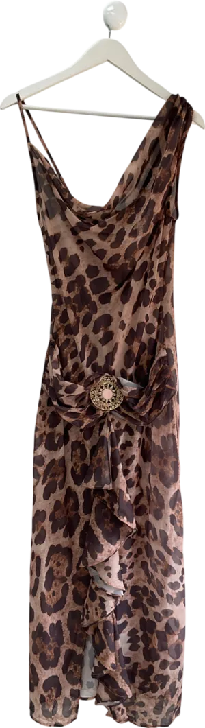 boohoo Brown Chiffon Leopard Belt Buckle Maxi Dress UK 10