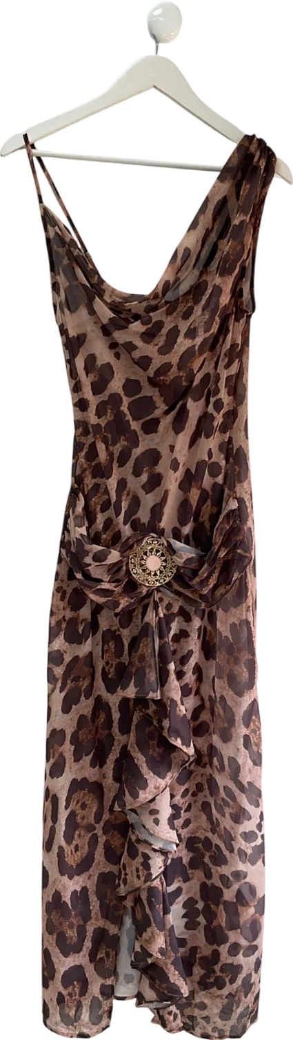 boohoo Brown Chiffon Leopard Belt Buckle Maxi Dress UK 10