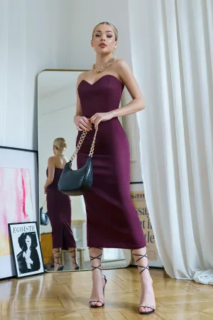 Bordeaux Satin Corseted Strapless Dress