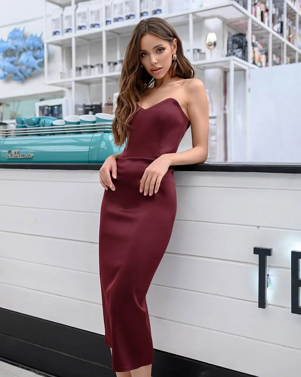 Bordeaux Satin Corseted Strapless Dress