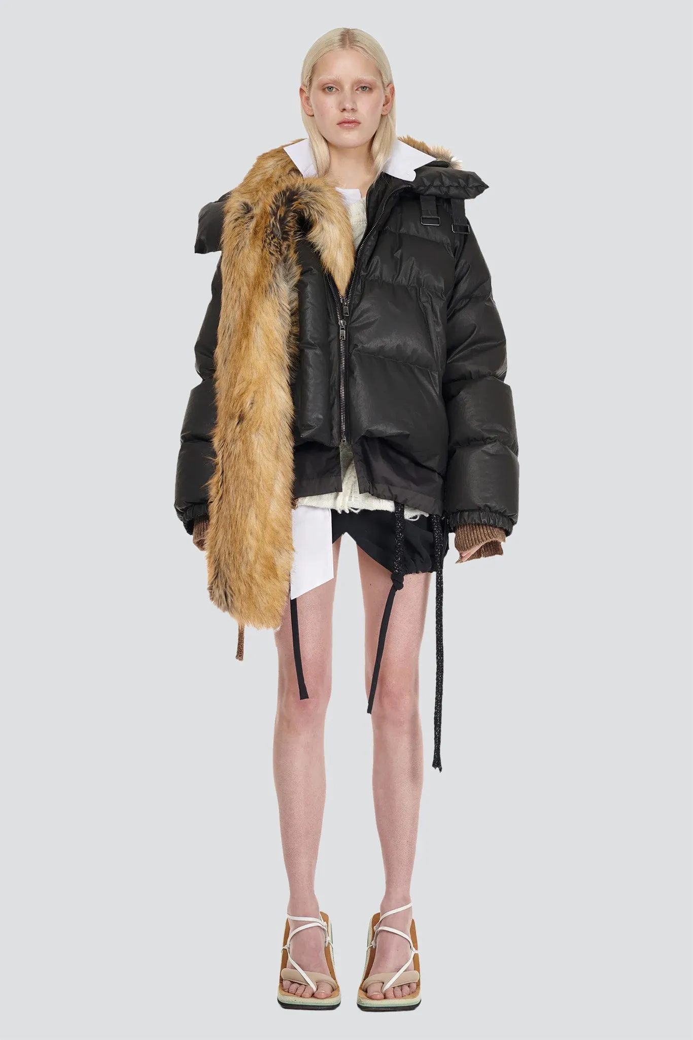 Brown Deconstructed Double Zip Puffer Jacket