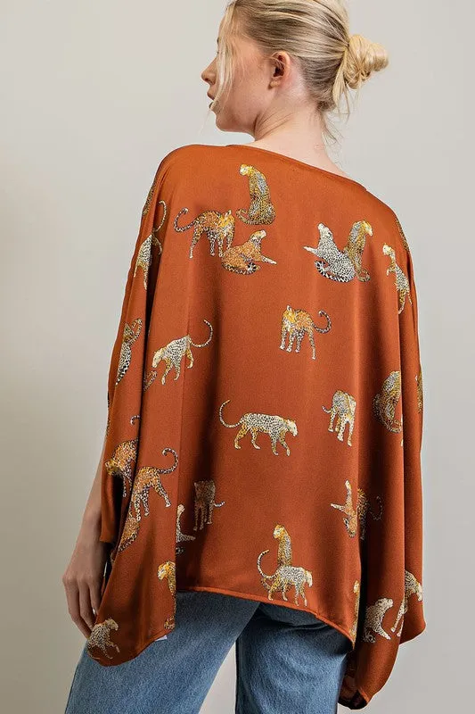 Brown Leopard Print Dolman Blouse Top