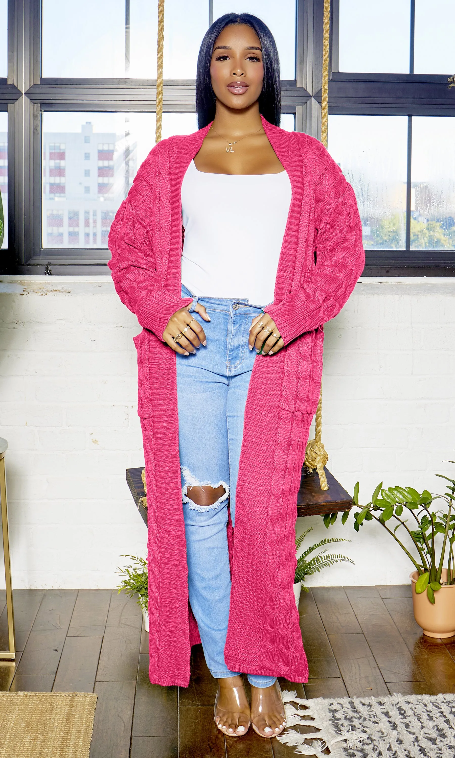 Cable Knit Cardigan - Pink FINAL SALE