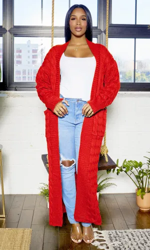 Cable Knit Cardigan - Red