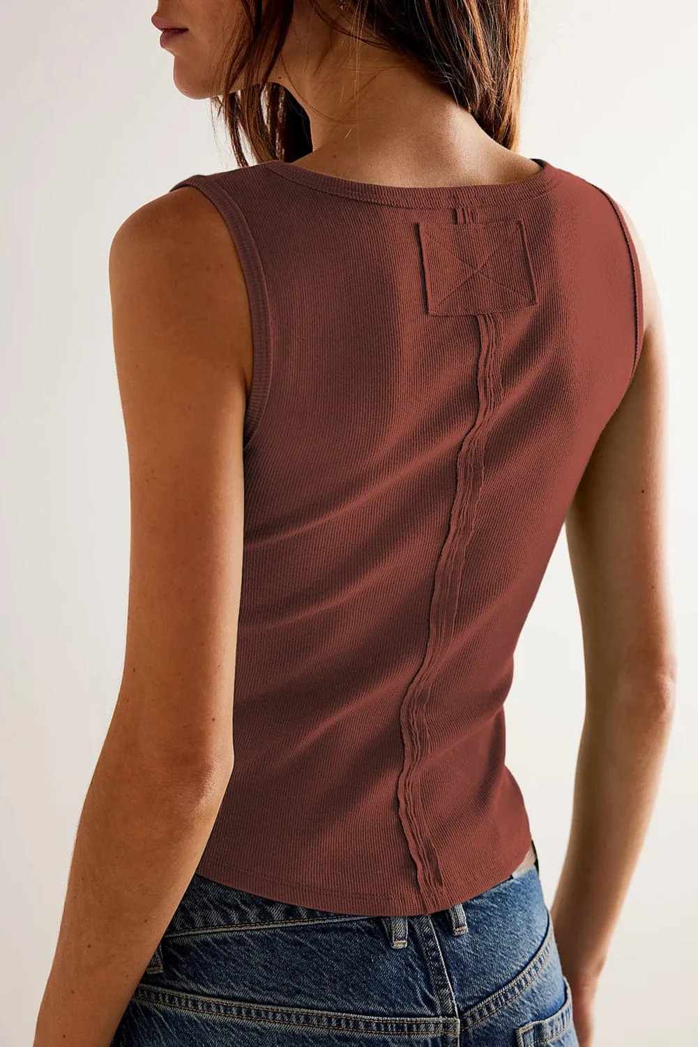 Caffeine Ribbed Sleeveless U-Neck Tank Top