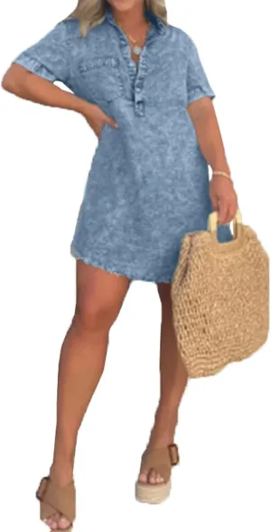 cffvdiz Denim Shirt Dress for Women Short Sleeve Distressed Fringe Hem Short Jean Shirt Dress