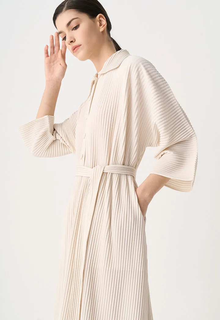 Choice Pleated Belted Oversize Maxi Dress Cream