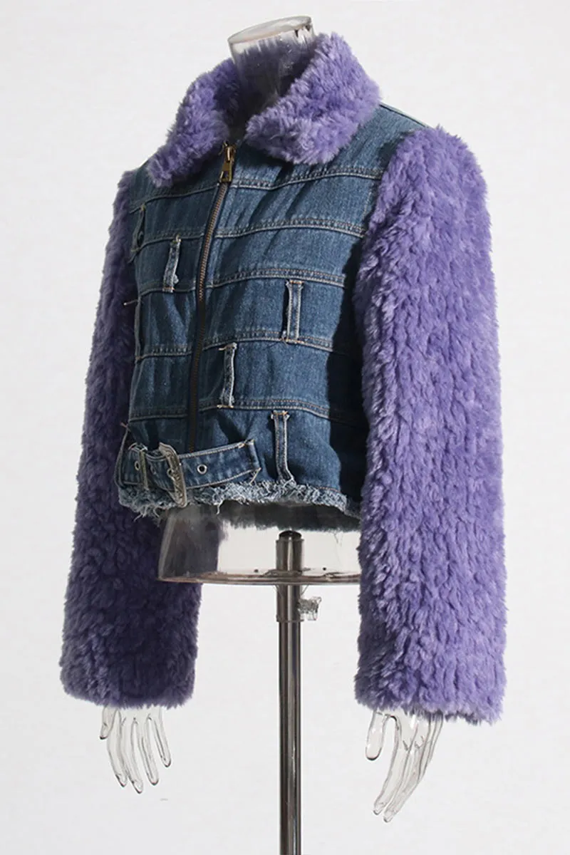 CI0107 Fur Sleeve Denim Jacket