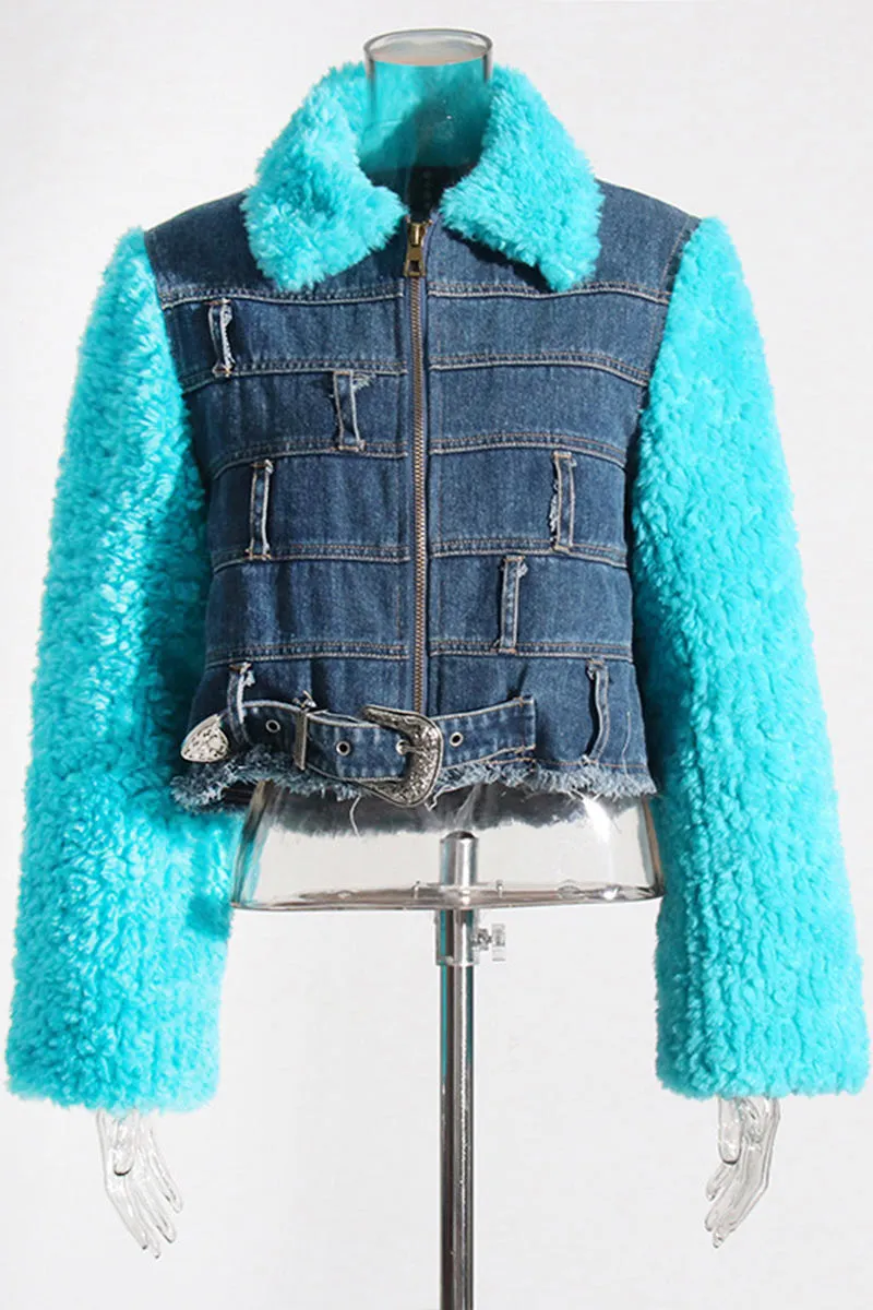 CI0107 Fur Sleeve Denim Jacket