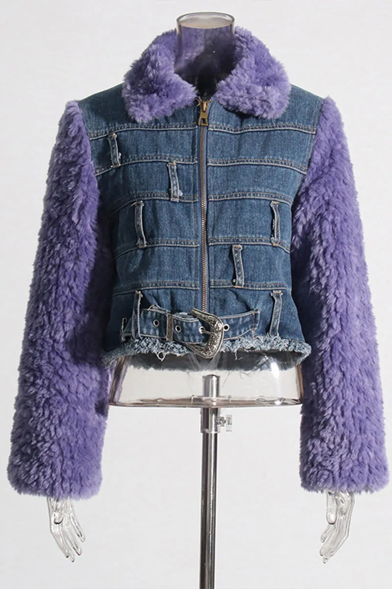 CI0107 Fur Sleeve Denim Jacket