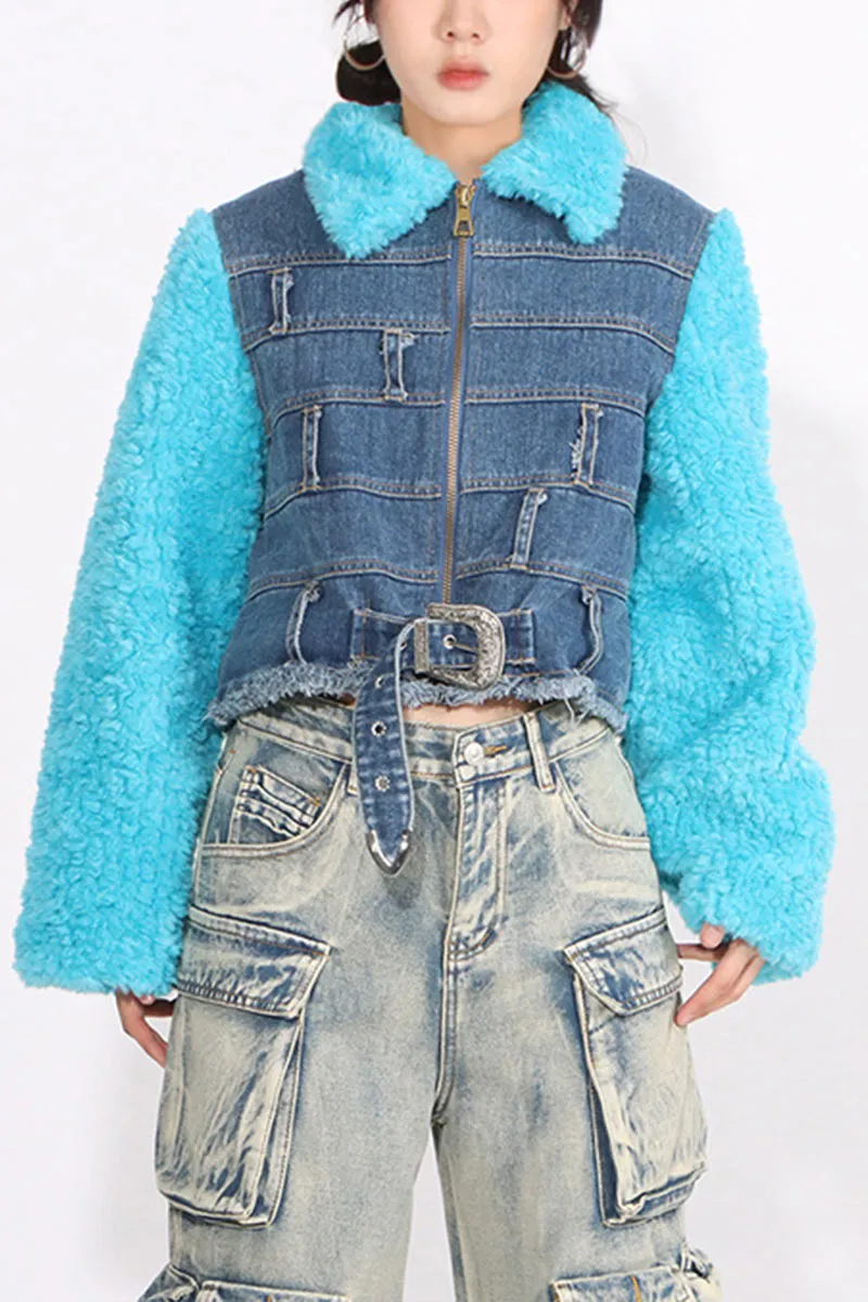 CI0107 Fur Sleeve Denim Jacket