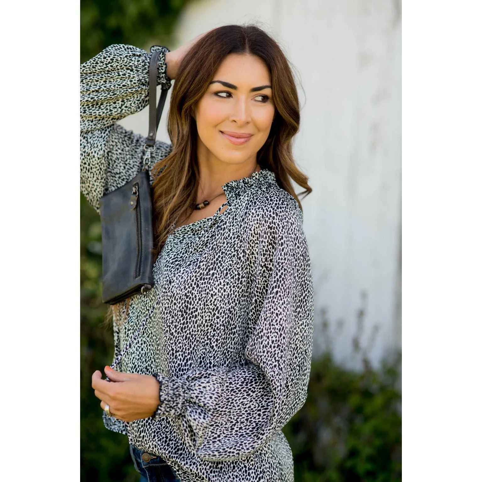 Cinch Sleeve V-Neck Cheetah Blouse