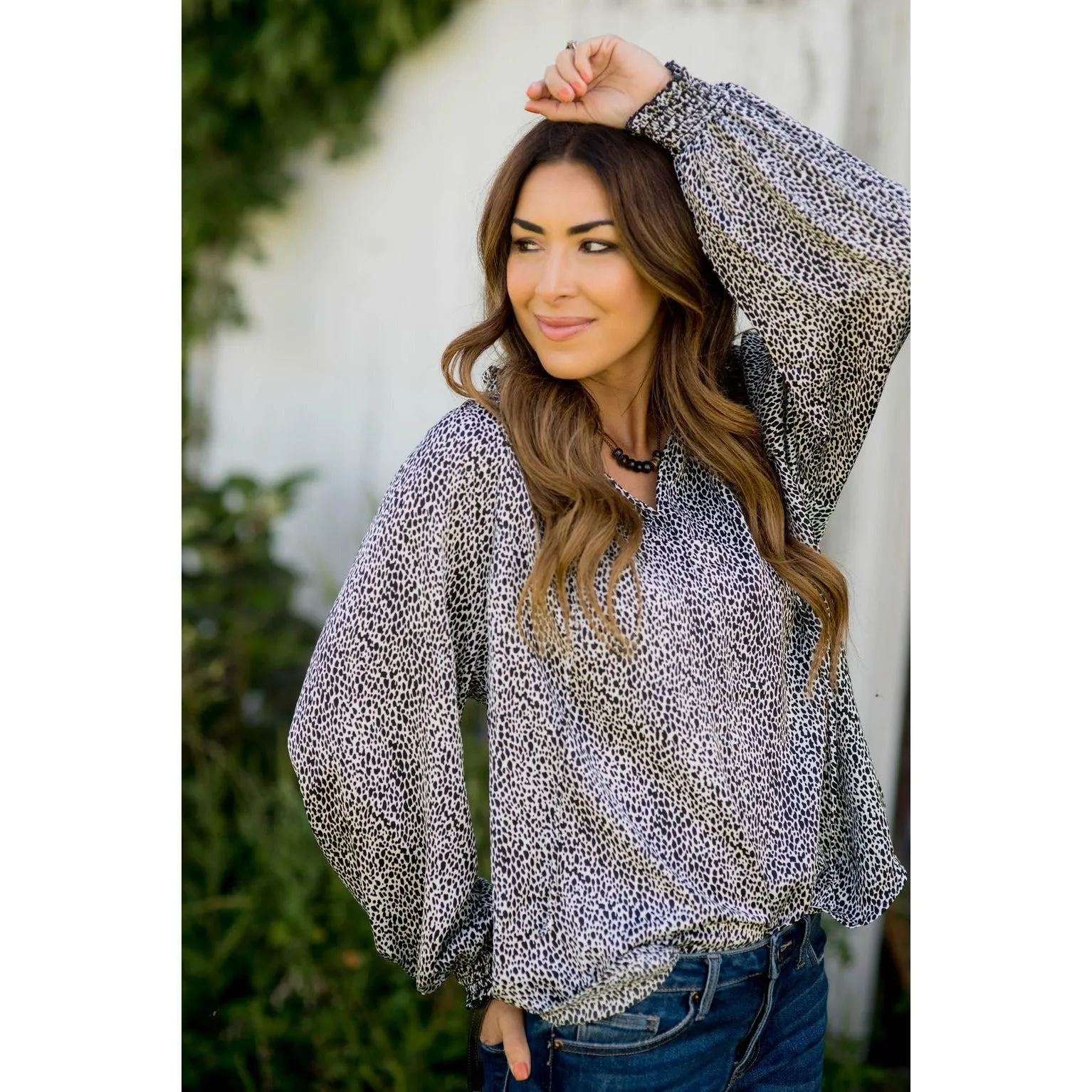 Cinch Sleeve V-Neck Cheetah Blouse