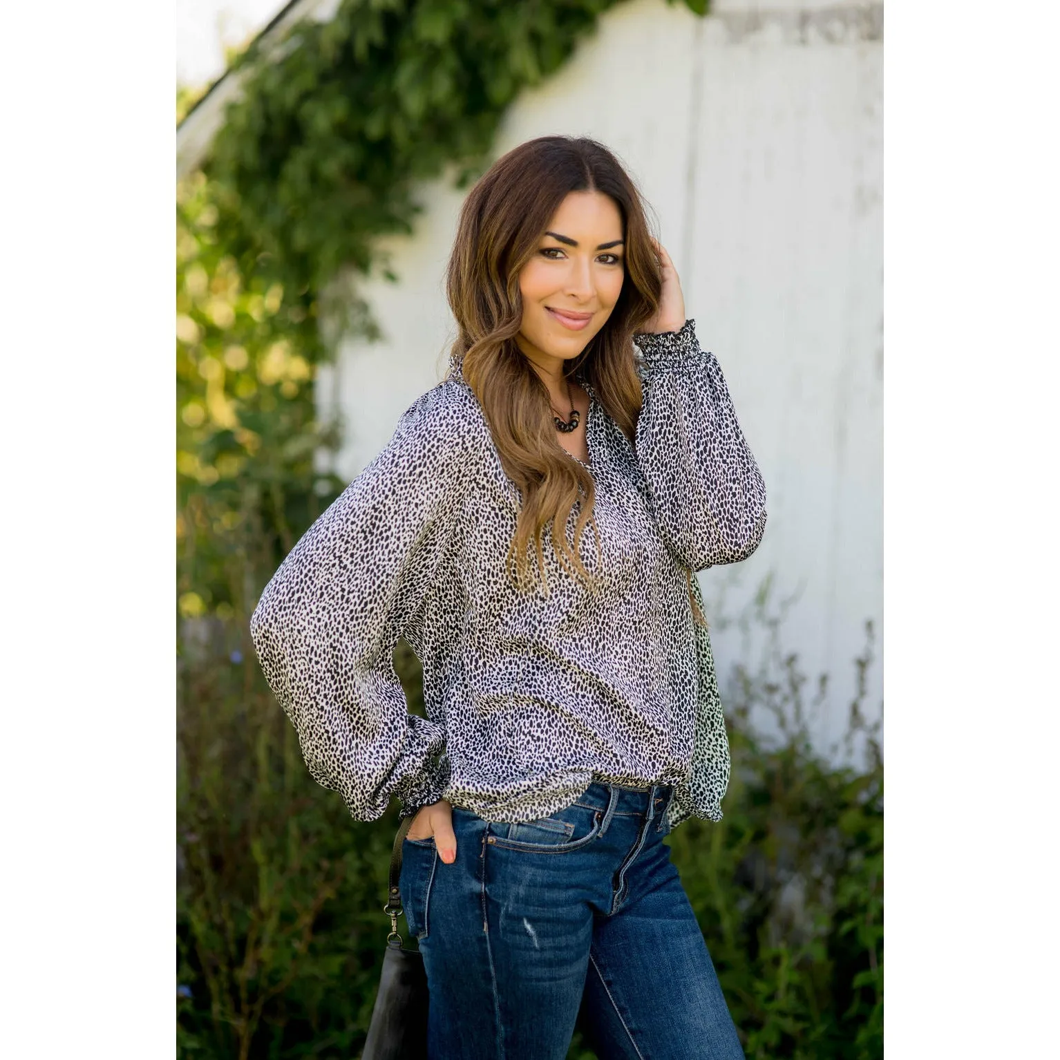 Cinch Sleeve V-Neck Cheetah Blouse