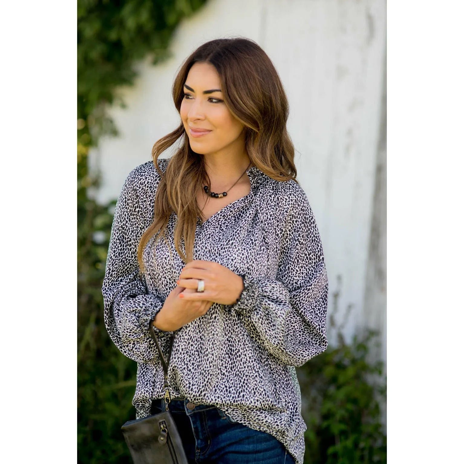 Cinch Sleeve V-Neck Cheetah Blouse