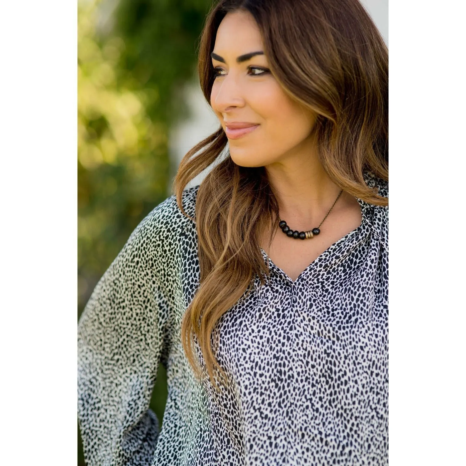 Cinch Sleeve V-Neck Cheetah Blouse