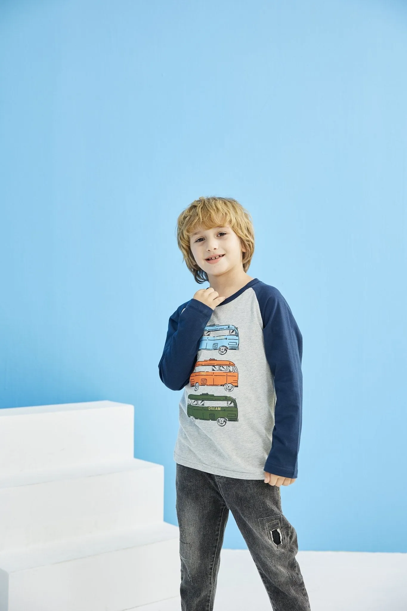 Classic Toddler Boy's Cotton T-shirt with Bus Pattern