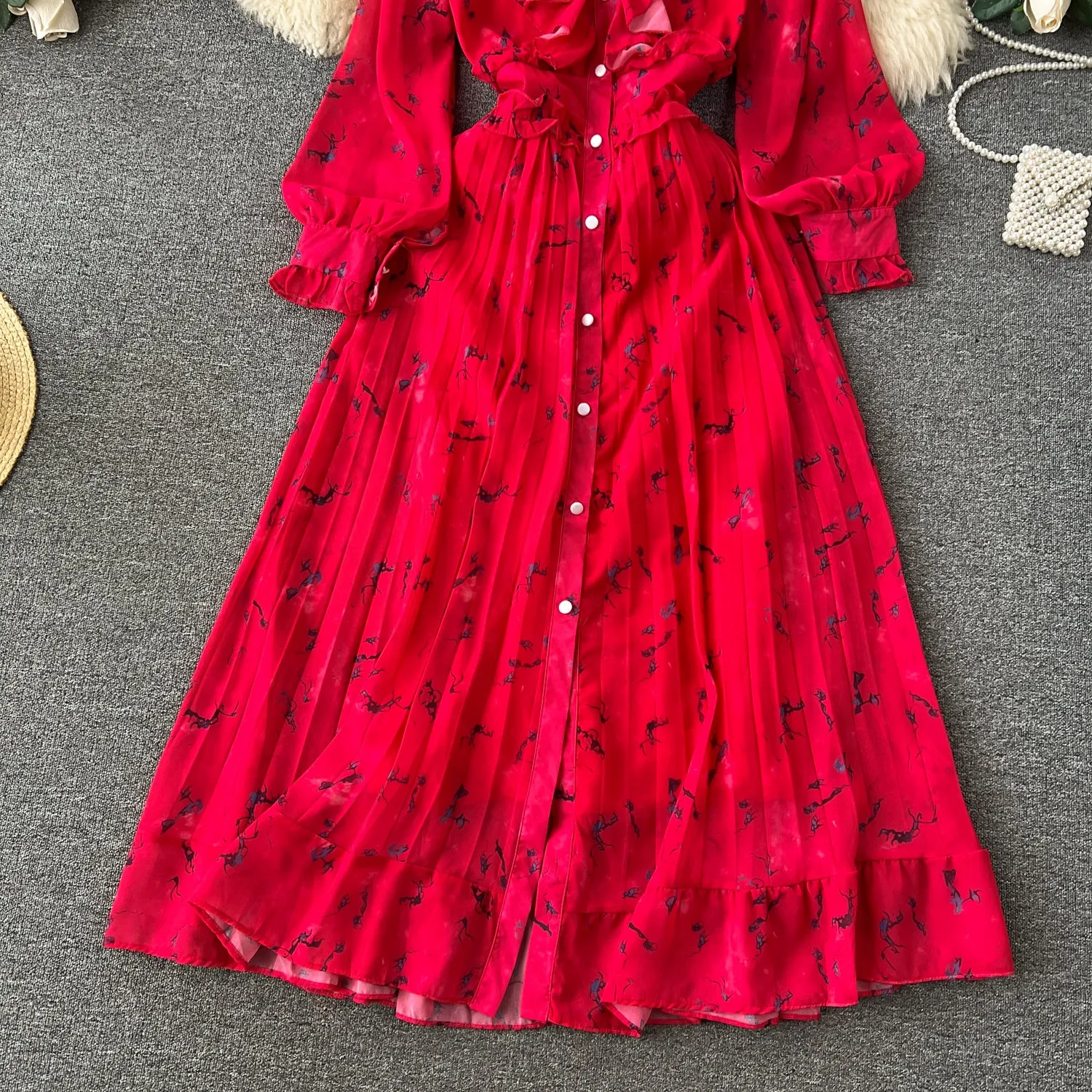 Courtly Pleated Floral Chiffon Dress