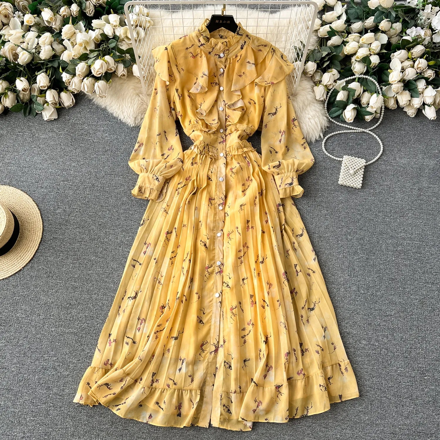 Courtly Pleated Floral Chiffon Dress