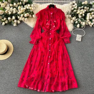 Courtly Pleated Floral Chiffon Dress