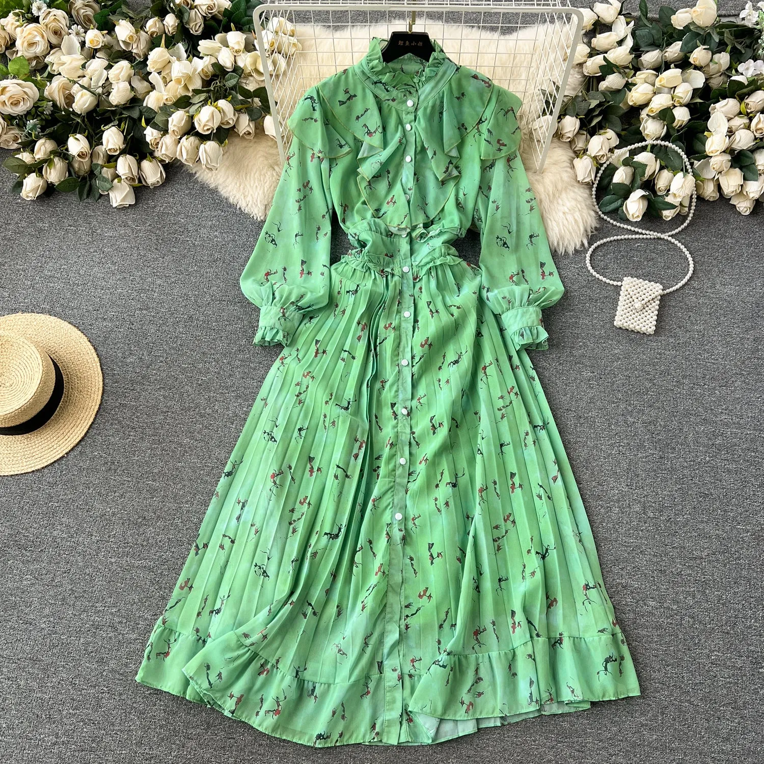 Courtly Pleated Floral Chiffon Dress