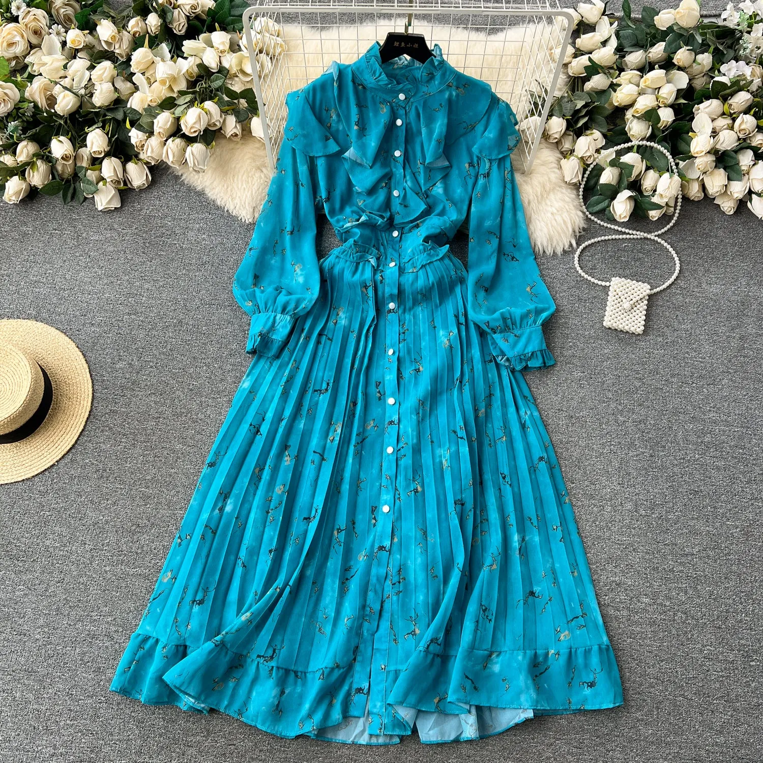 Courtly Pleated Floral Chiffon Dress